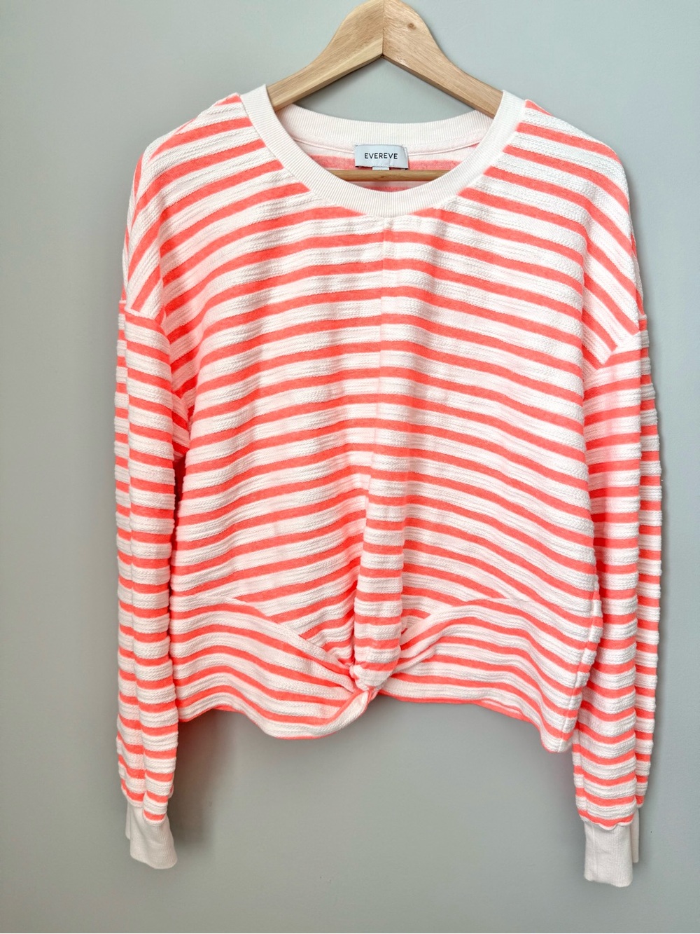Evereve Noah Twist Knotted Sweatshirt Bright Coral and Terry Stripe Knit